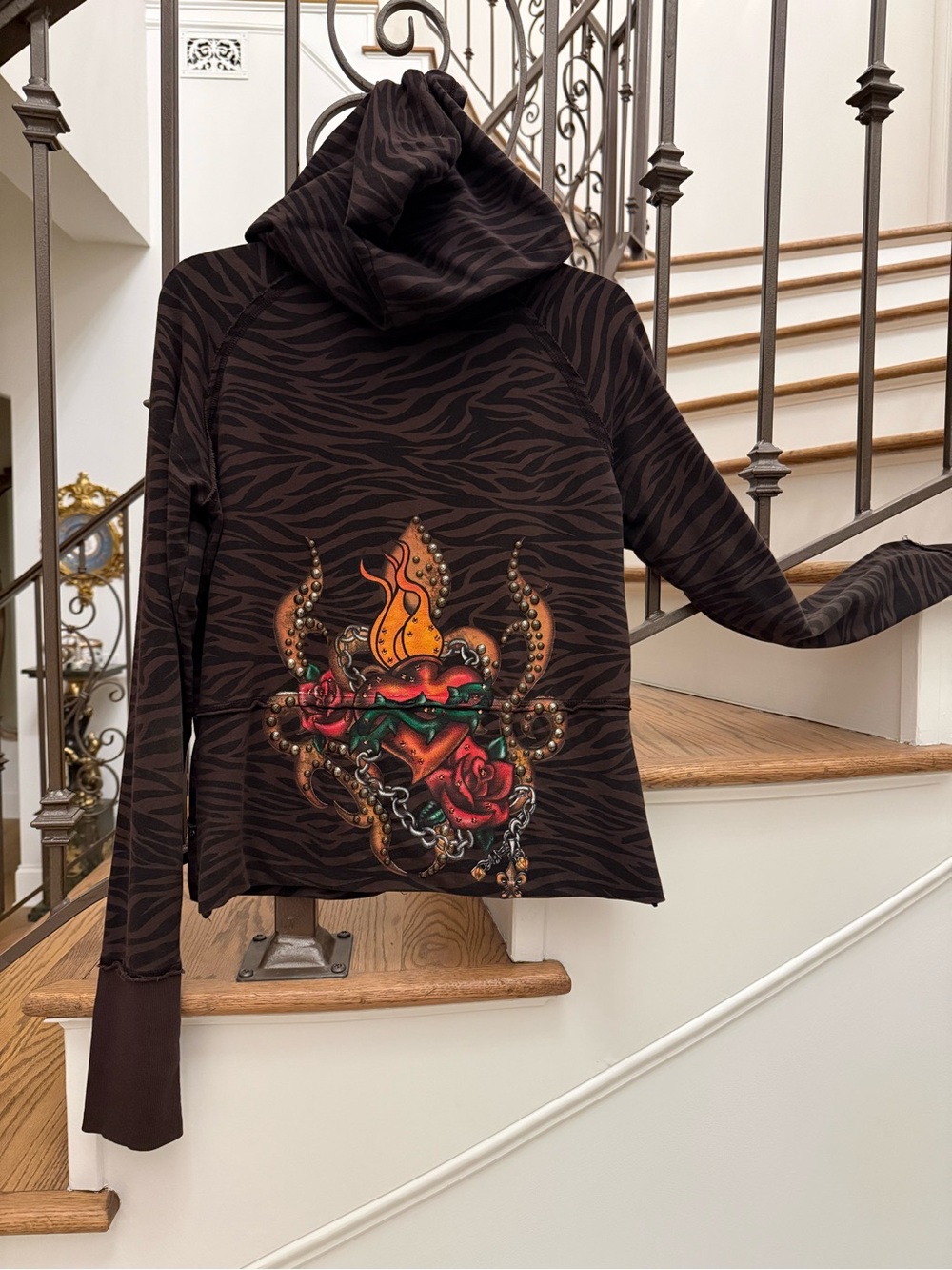 Vintage Brown Zebra-Print Hooded Sweater with Flame & Rose Studded Graphic